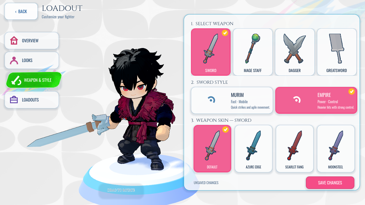 Weapon, style and skin selection beside a customized fighter