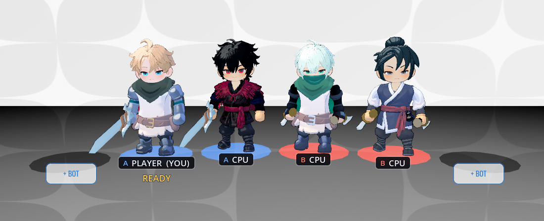 Four distinct fighters on blue and red team podiums